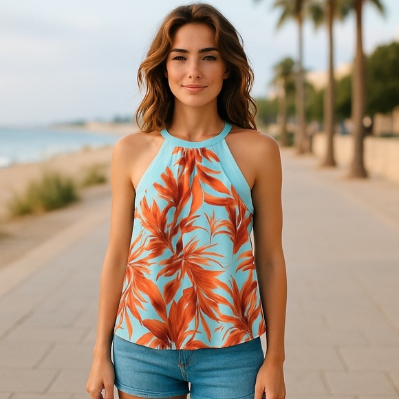 H&M Chiffon Halter Tank Top Tropical Palm Leaf Print Aqua Orange 6 Small - Picture 1 of 10